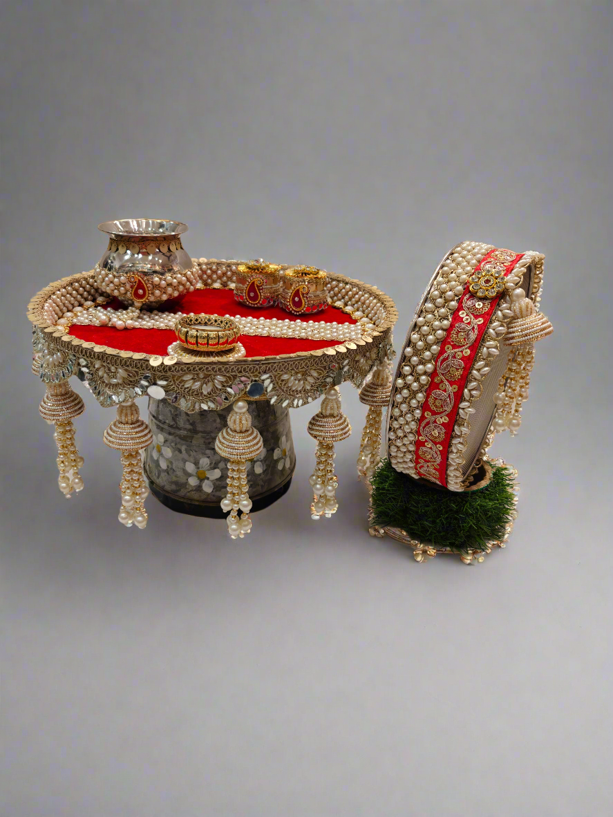 Red & Pearl Karva Chauth Pooja Thali Set