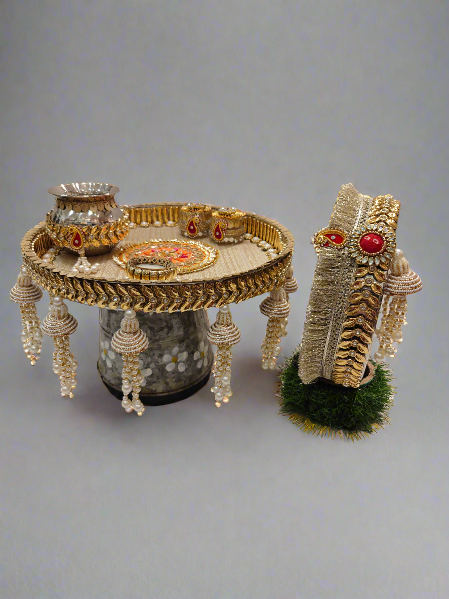 Golden Beaded Karva Chauth Pooja Thali Set
