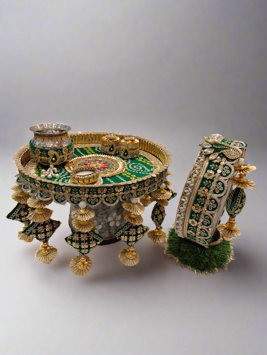 Green & Golden Karva Chauth Thali Set – Prosperity & Elegance