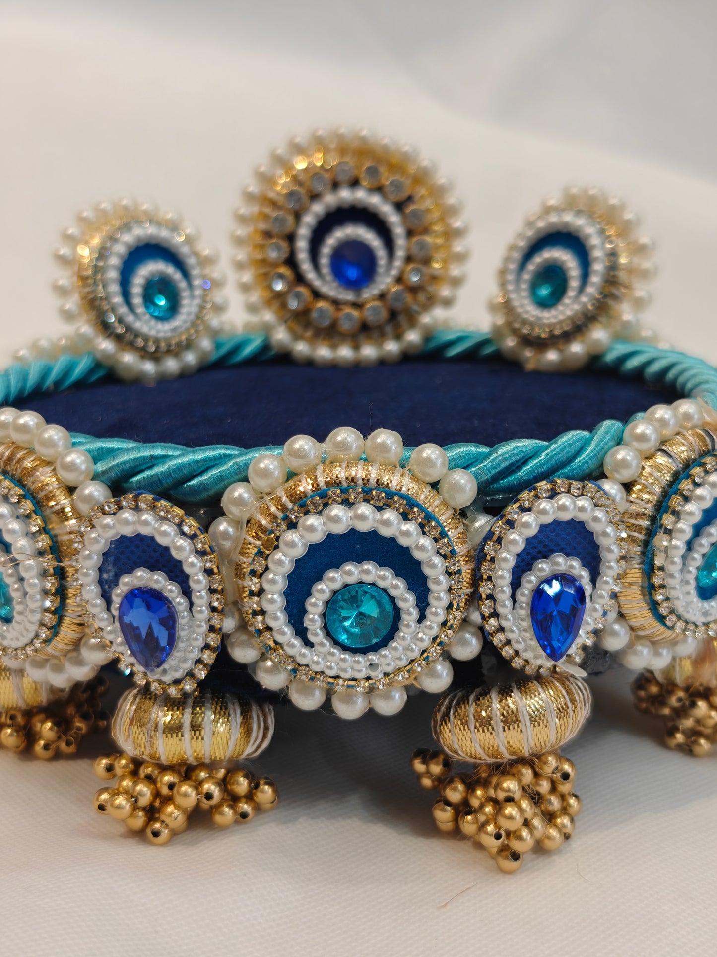 Teal & Blue Lotus Singhaasan for Ladoo Gopal | Handcrafted MDF Deity Throne with Lotus Backdrop | Teal Blue Gold | 6 Inch Base