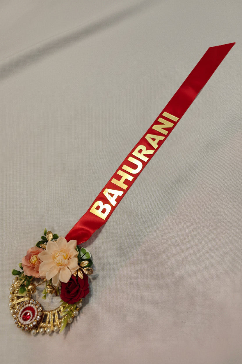 Welcome Bahurani Floral Lock Ribbon for Bride Entry | Griha Pravesh Door Ceremony Decoration | Red & Gold Bridal Welcome Sash | The Wedding Station