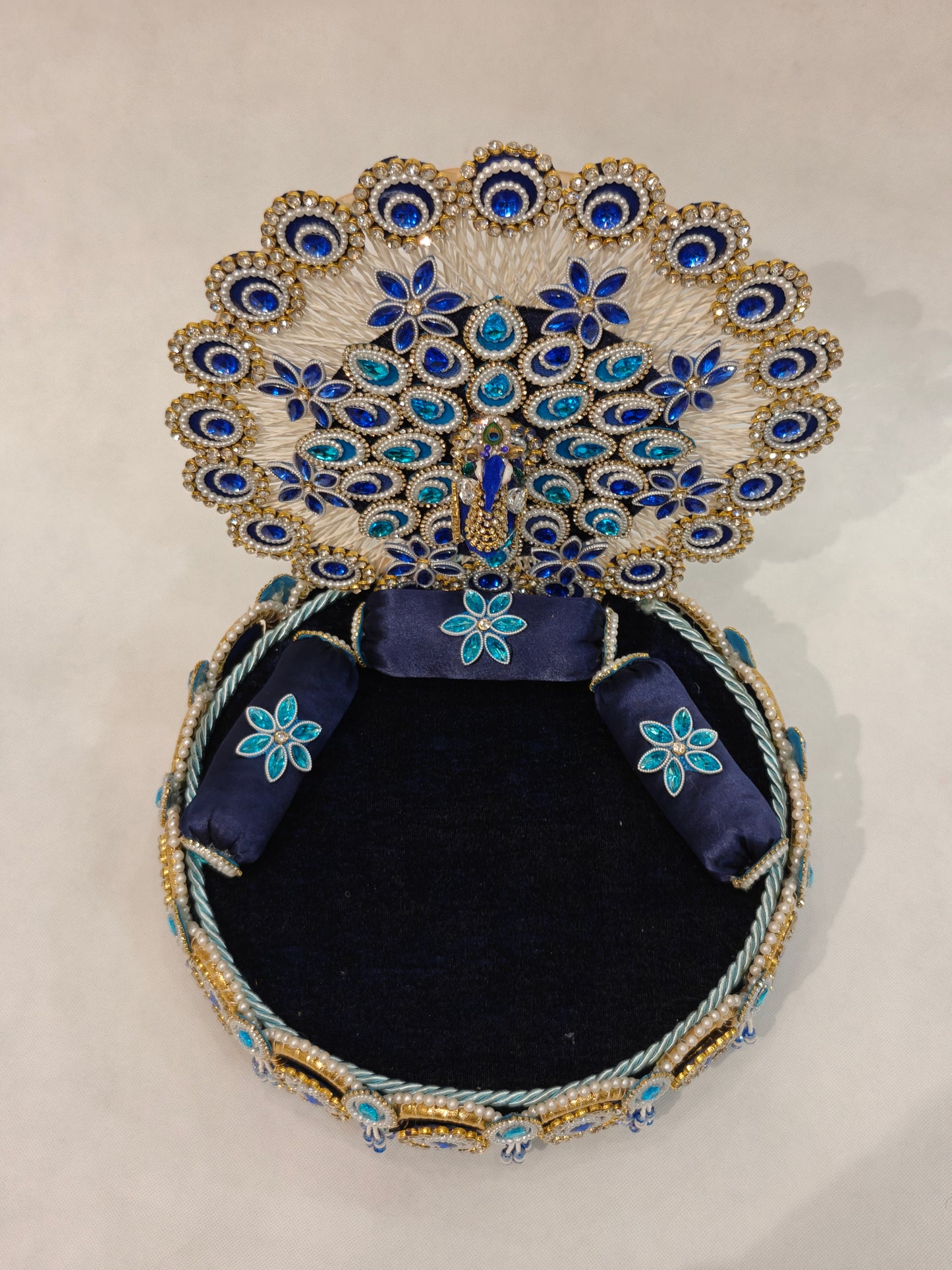 Peacock Singhaasan for Ladoo Gopal | Handcrafted MDF Deity Throne with Detachable Backdrop | Blue & Gold | 12 Inch