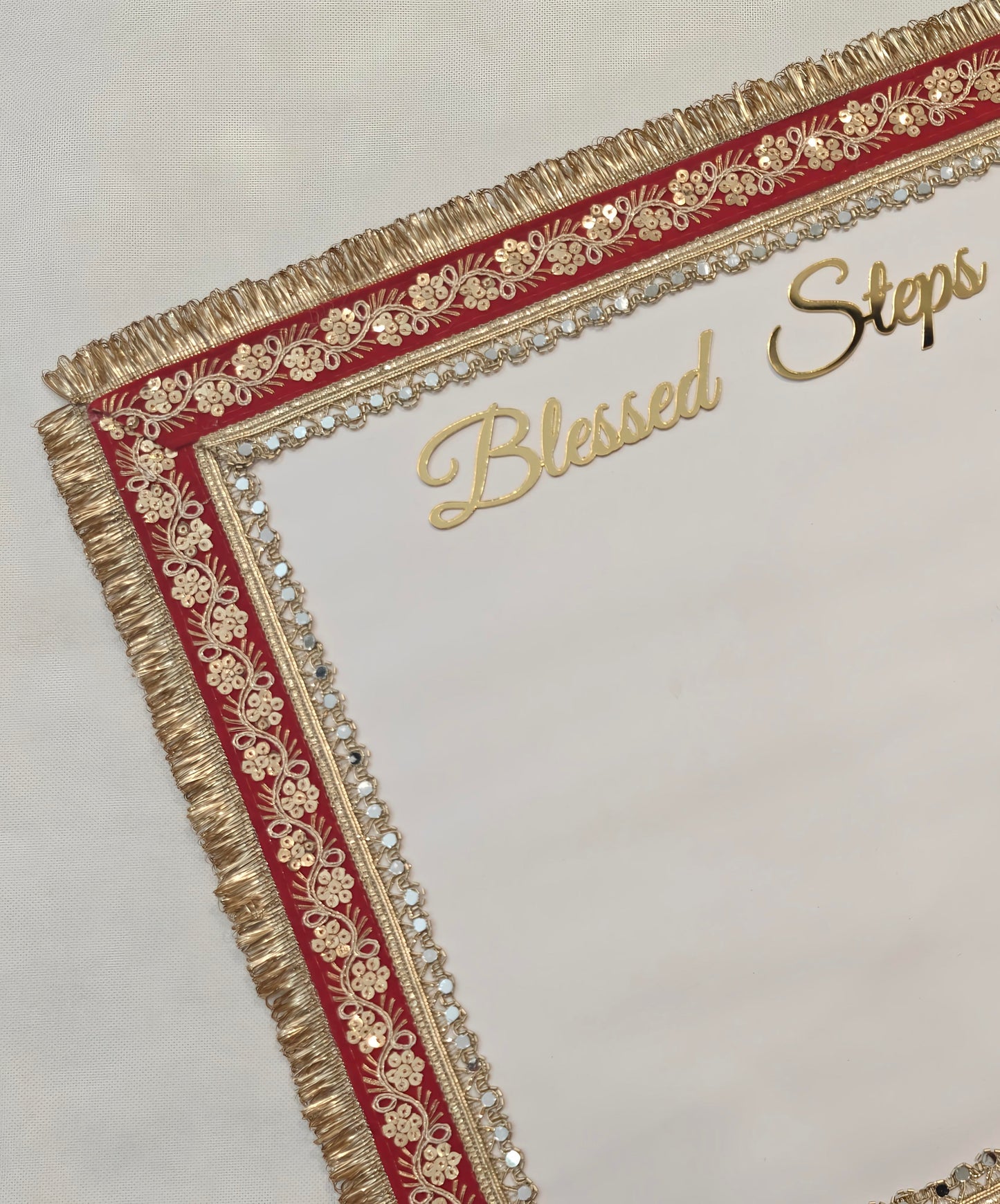 Handcrafted "Blessed Steps" Footprint Mat | Griha Pravesh & Shop Opening Ceremony Mat | Square MDF Base with Gold Zari Fringe, Red Sequin Floral Border & Crystal Trim | Inauguration Décor
