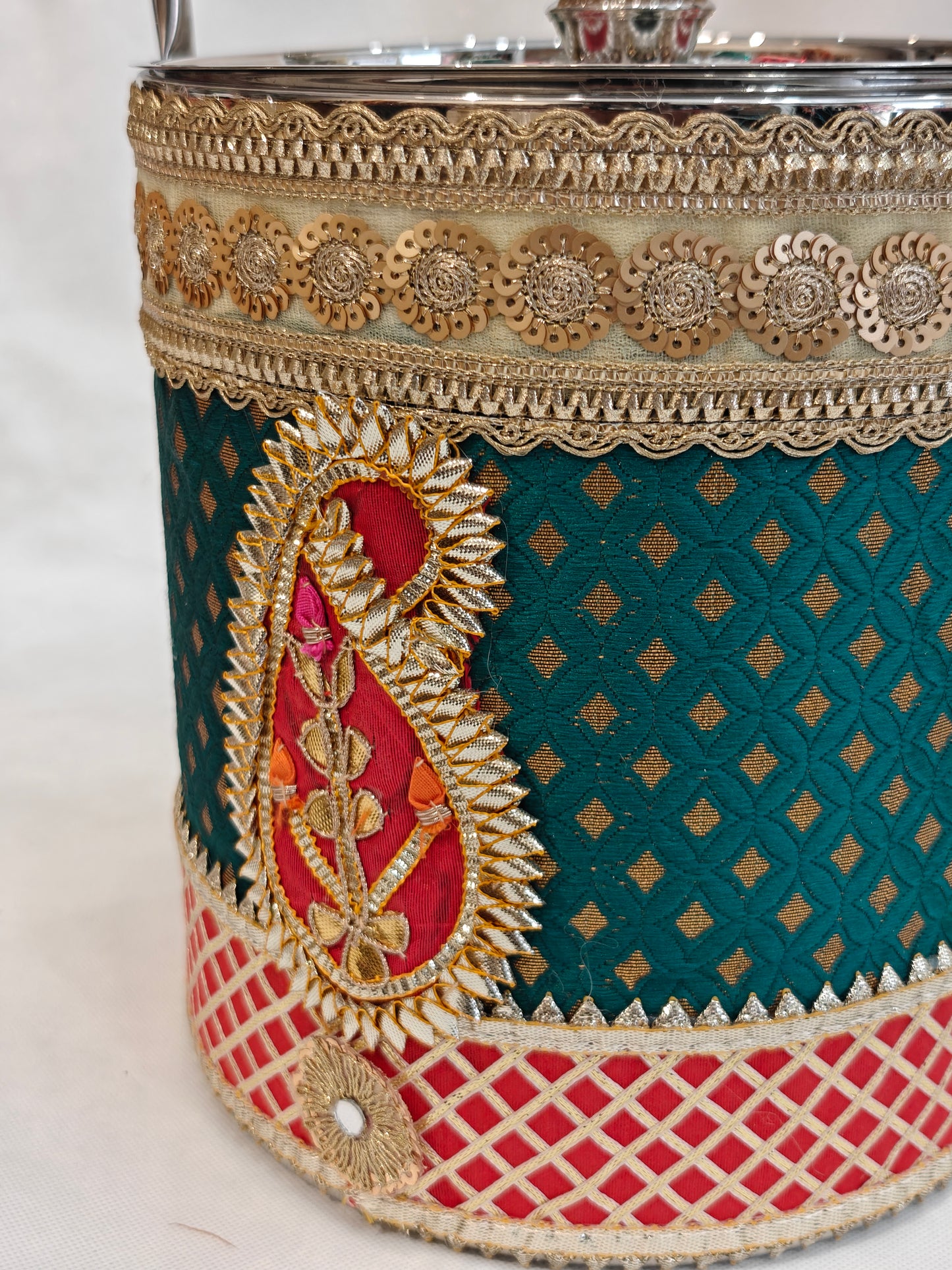 Decorated Stainless Steel Bucket with Handle for Indian Wedding | Green & Red Brocade with Kundan Paisley & Zardozi Lid | 8.25 Inch | Trousseau & Gifting