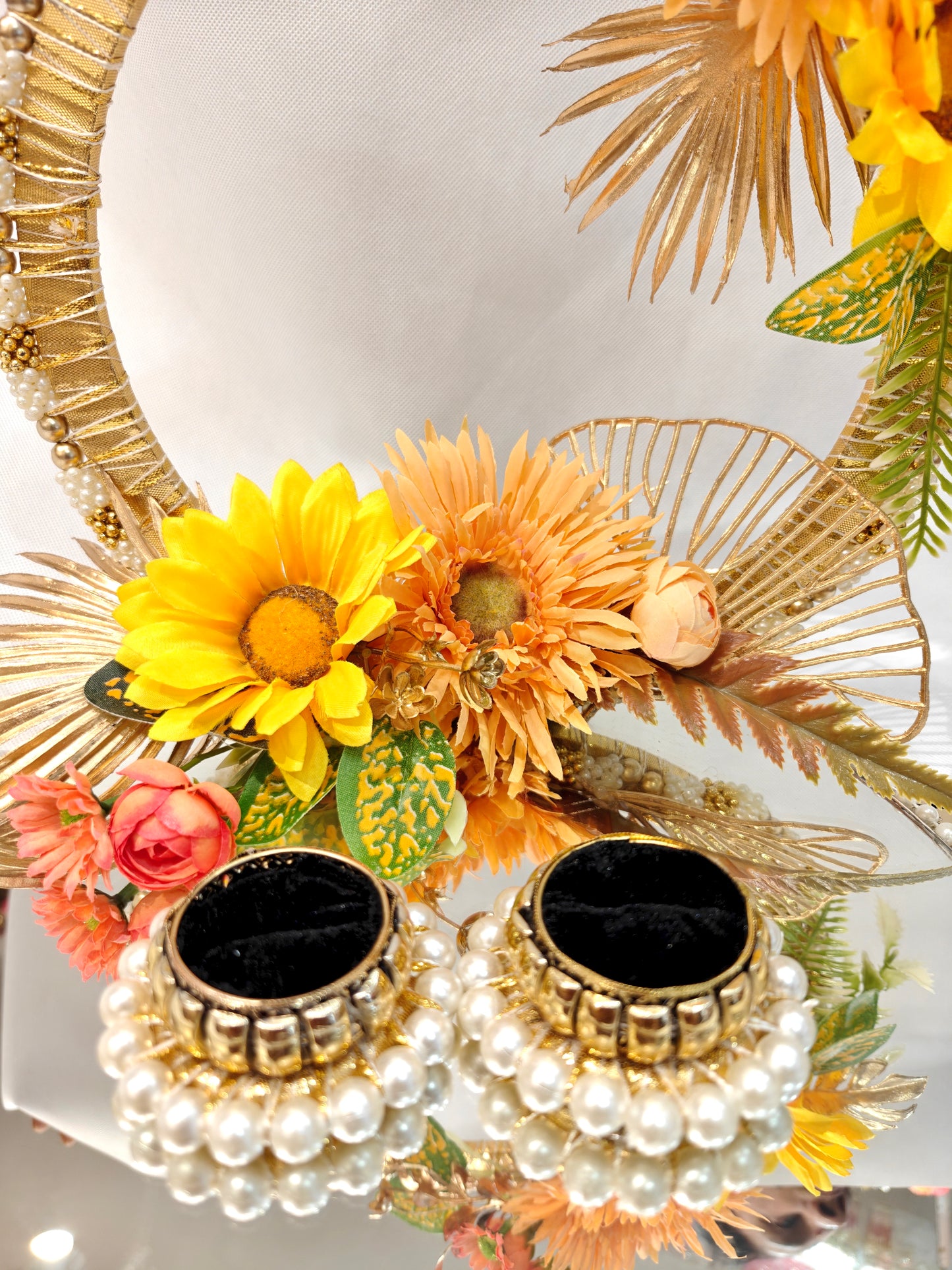 Floral Ring Ceremony Platter with Pearl Ring Holders — Sunflower & Peach | Haldi & Engagement Décor | The Wedding Station