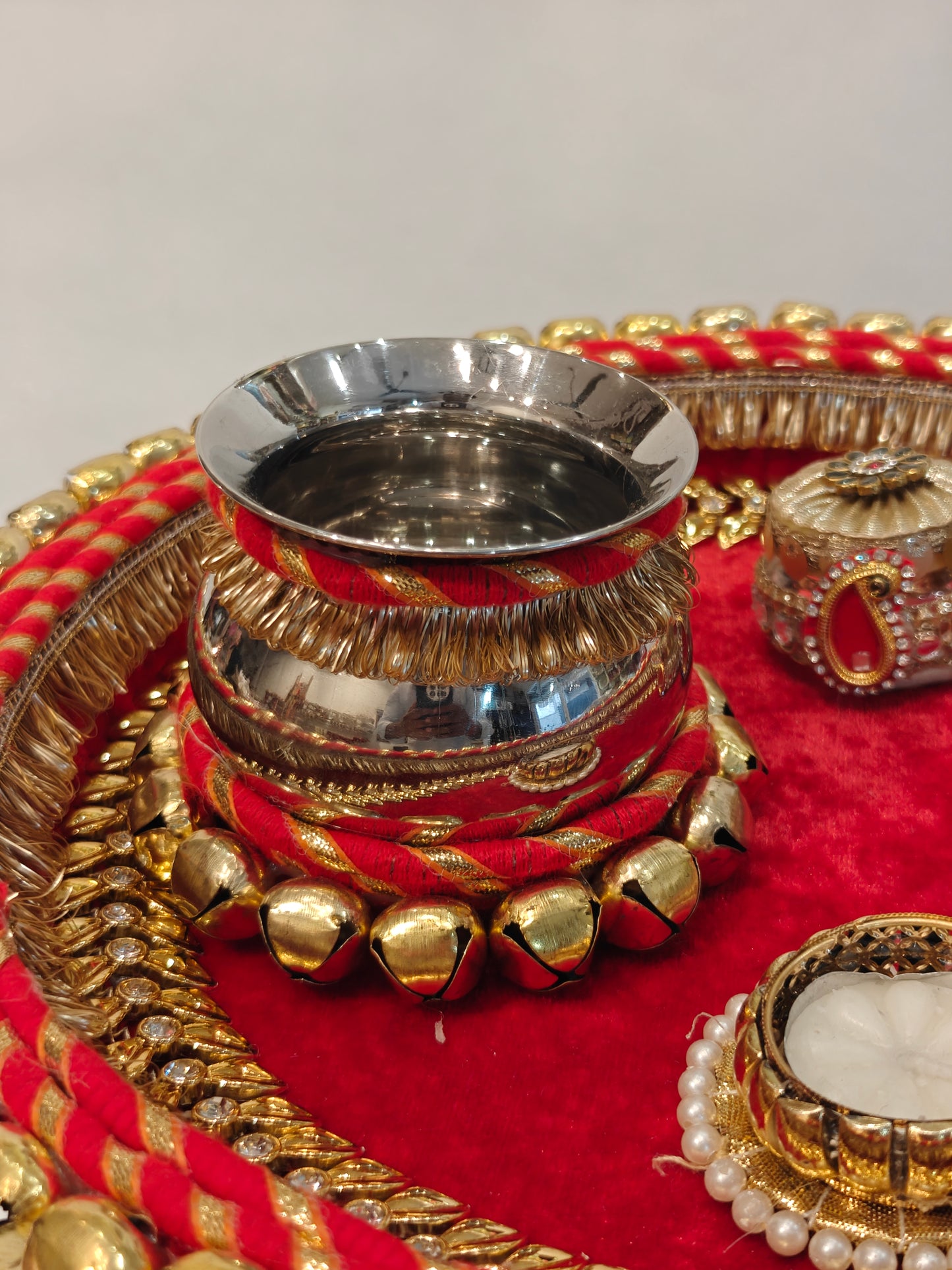 Premium Red & Gold Ghungroo Pooja Thaali Set for Wedding Rituals | Designer Puja Thaali Online India | The Wedding Station