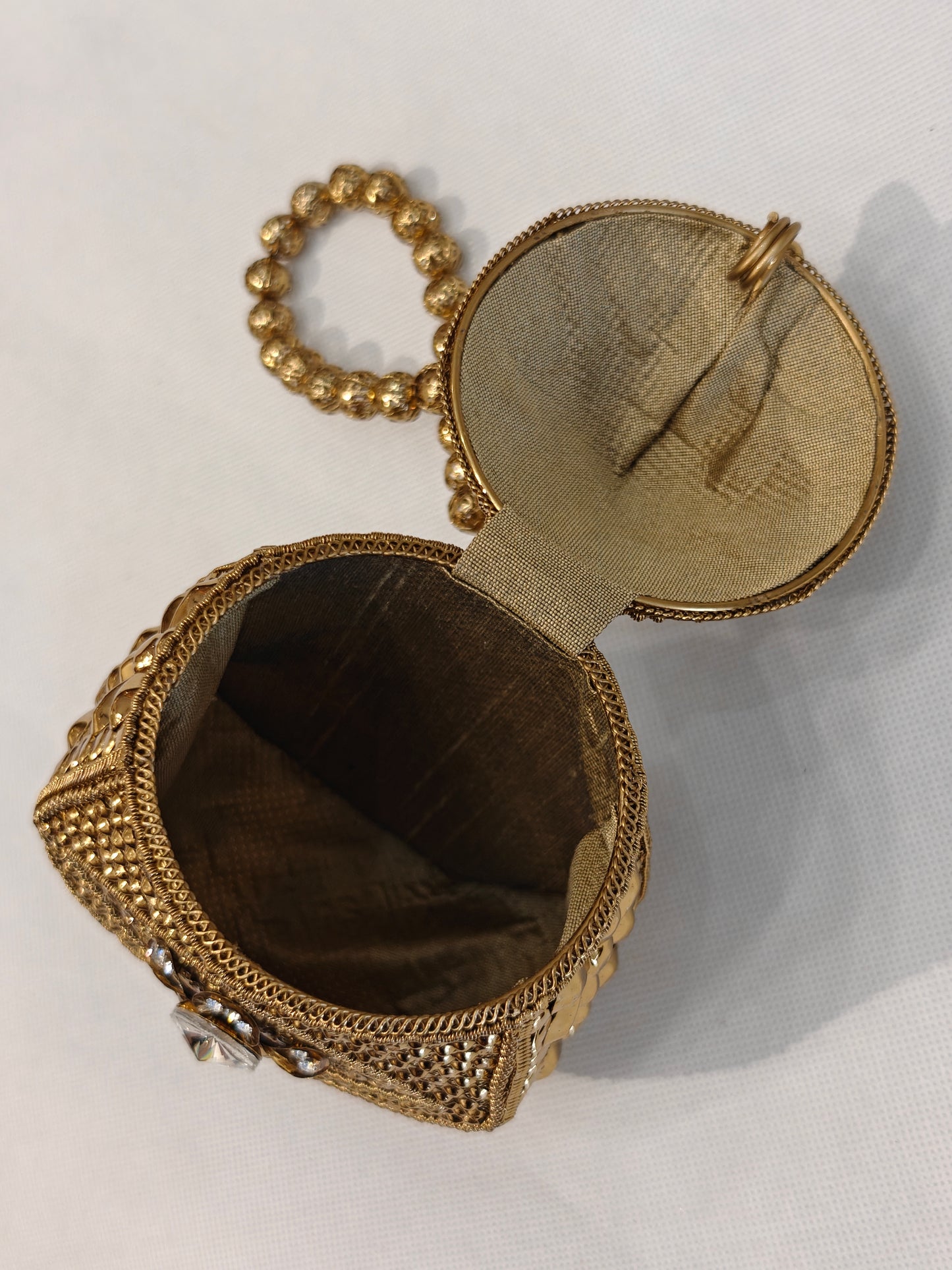 Handcrafted Gold Brass Mesh Potli Bag | Bridal Potli with Crystal Floral Medallion, Filigree Scrollwork & Bead Handle | Wedding Favour & Bridal Accessory