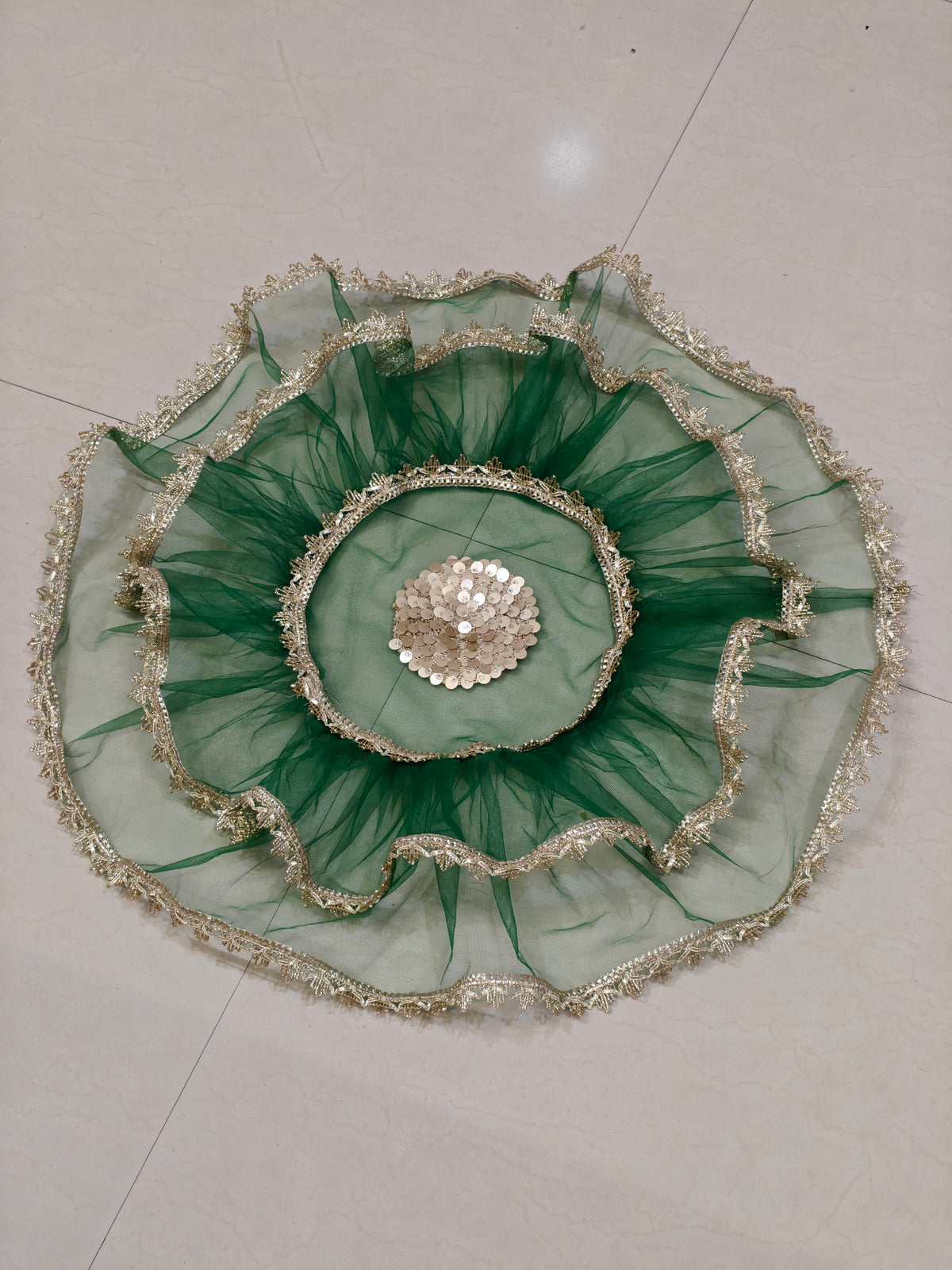 Green Net Thaal Cover with Golden Lace Border – 25 Inch Decorative Wedding & Pooja Thali Cover
