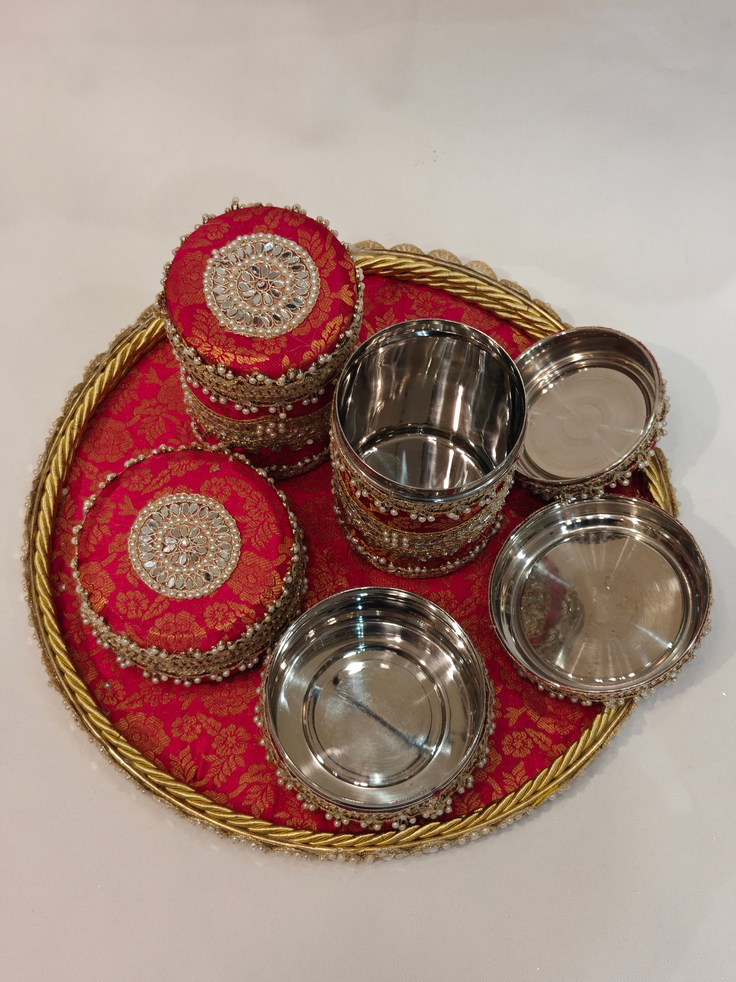 Royal Wedding Mewa & Mithai Platter Set with Decorated Steel Boxes- Rani Pink