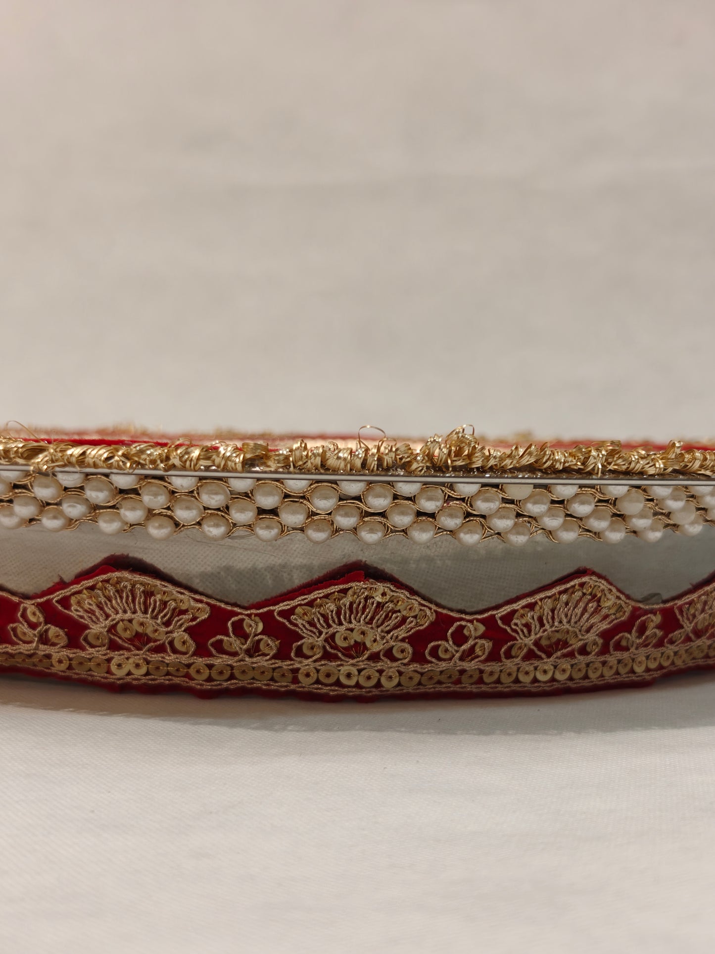 Bride's Pag Dhulai Thali | Decorated Steel Plate for Griha Pravesh Ritual | Red Velvet & Gold Zari Border | Indian Wedding Ceremony