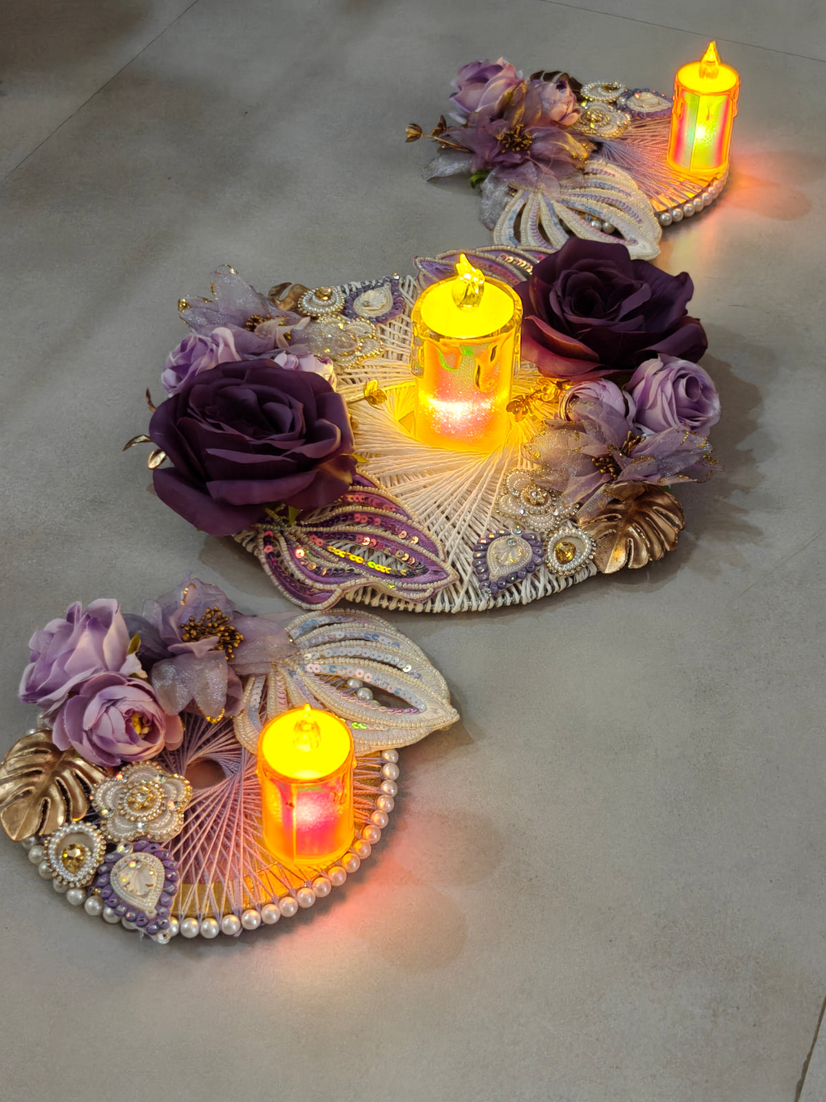 Lavender Table Runner set of 3 with Tealight holders for Diwali Table Decor