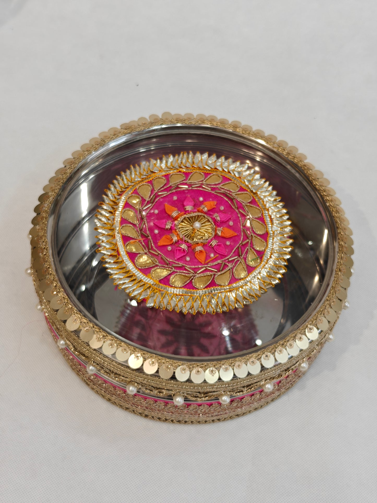 Decorated Stainless Steel Storage Box for Indian Wedding | Pink & Gold Zardozi Lid | Pearl & Sequin Embellished | 8.5 Inch | Trousseau & Gifting