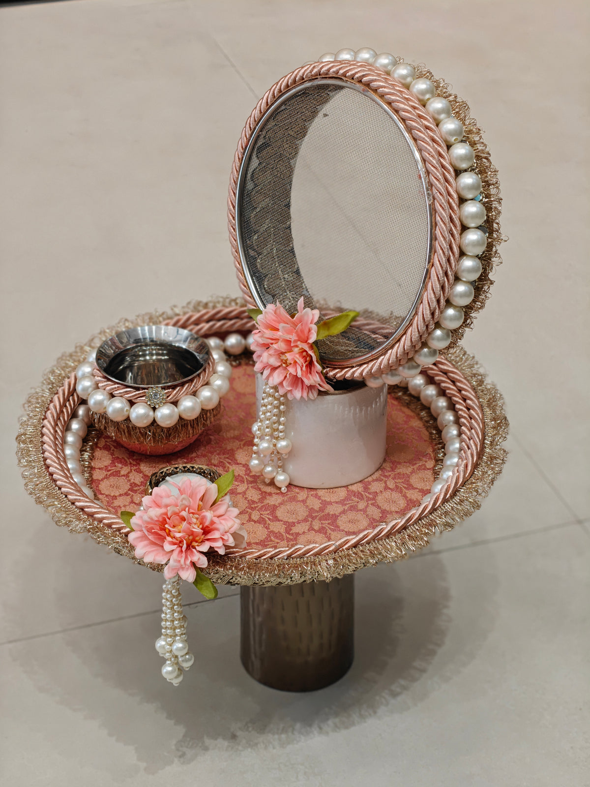 Karvachauth Pooja Thali Set with Mirror Chalni, Pearl Rope & Floral Work | Steel Kalash & Candle