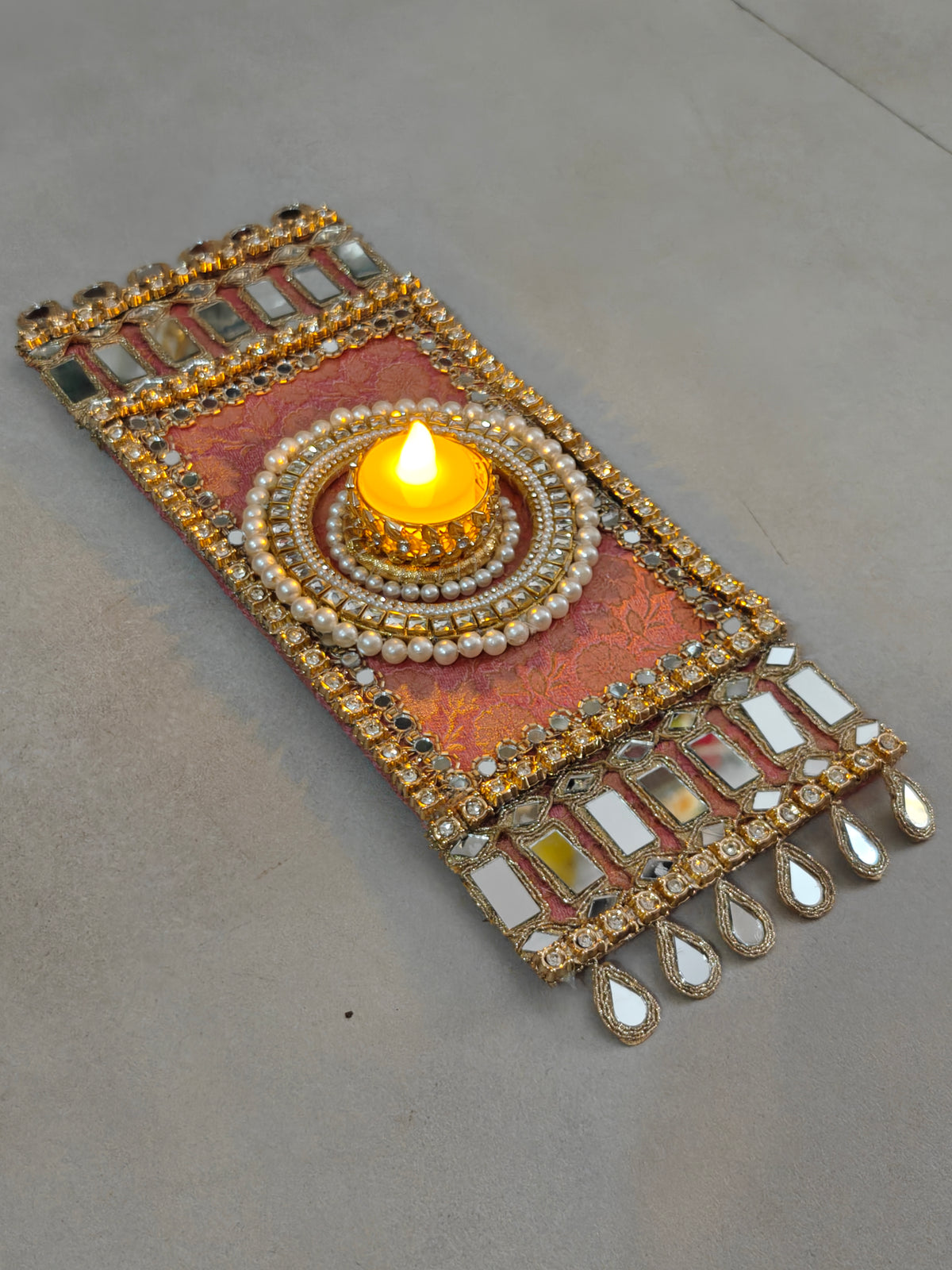 Peach Mirror Work Table Mat with Diya