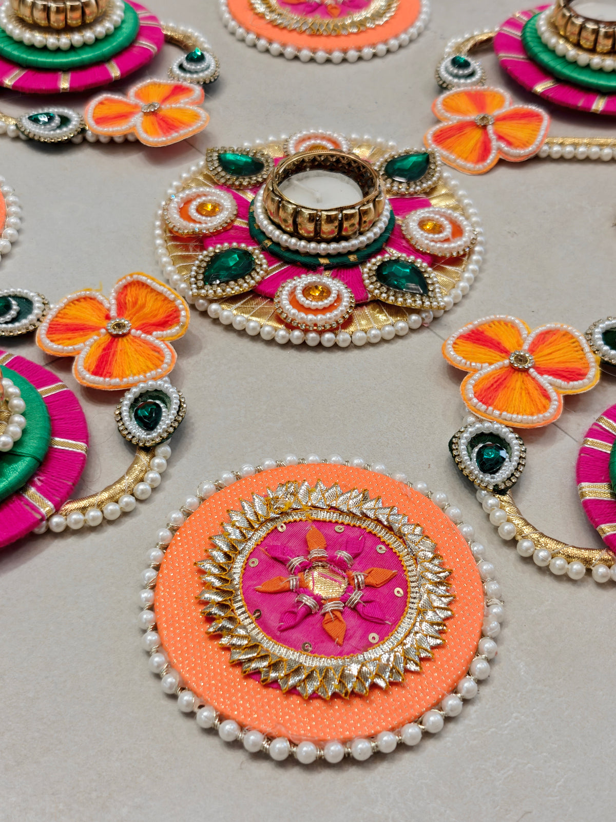 Coral & Green Floral Rangoli Set with Tealight Holders