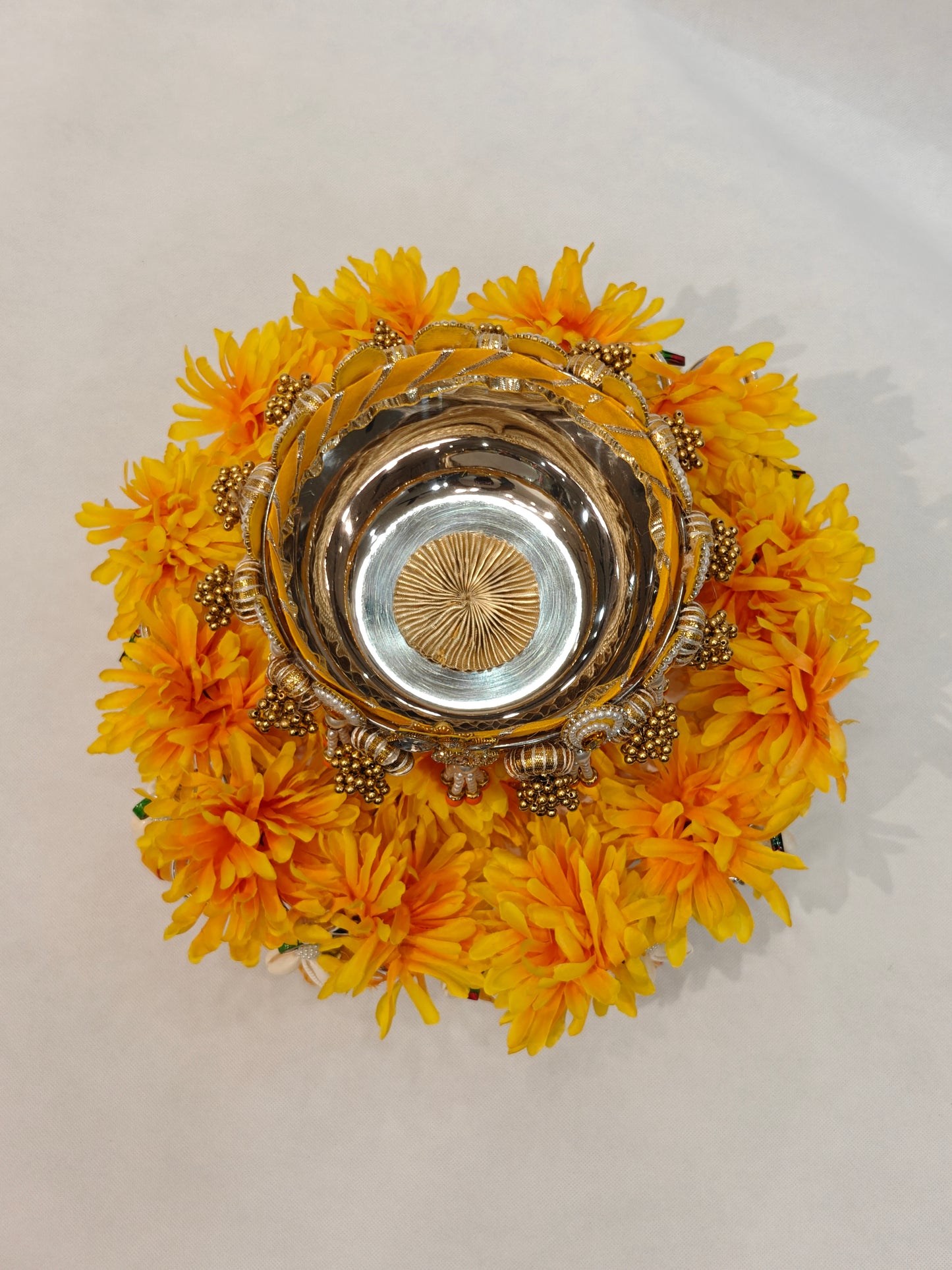 Decorative Haldi Platter with Metal Bowl | 12" Plastic Base | 6" Metal Haldi Bowl | Marigold Flower & Pearl Tassel | Haldi Ceremony Essentials | Wedding Ritual Thali