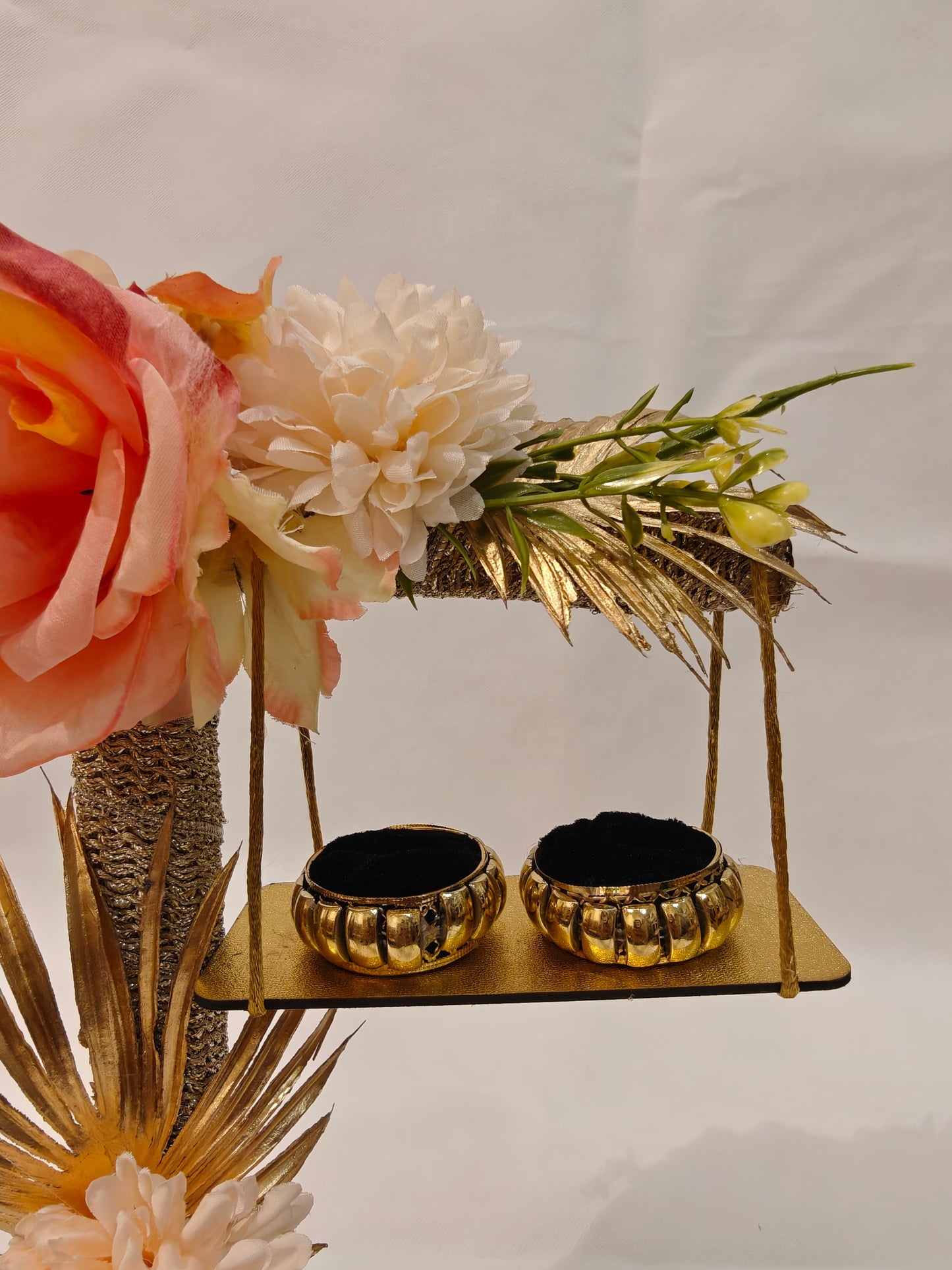 2-Tier Floral Ring Ceremony Stand — Peach & Ivory | Wooden Ring Platter with Holders | The Wedding Station