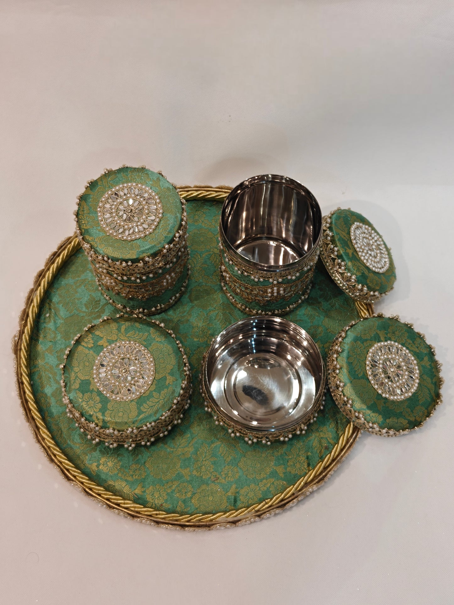 Royal Wedding Mewa & Mithai Platter Set with Decorated Steel Boxes- Mint Green