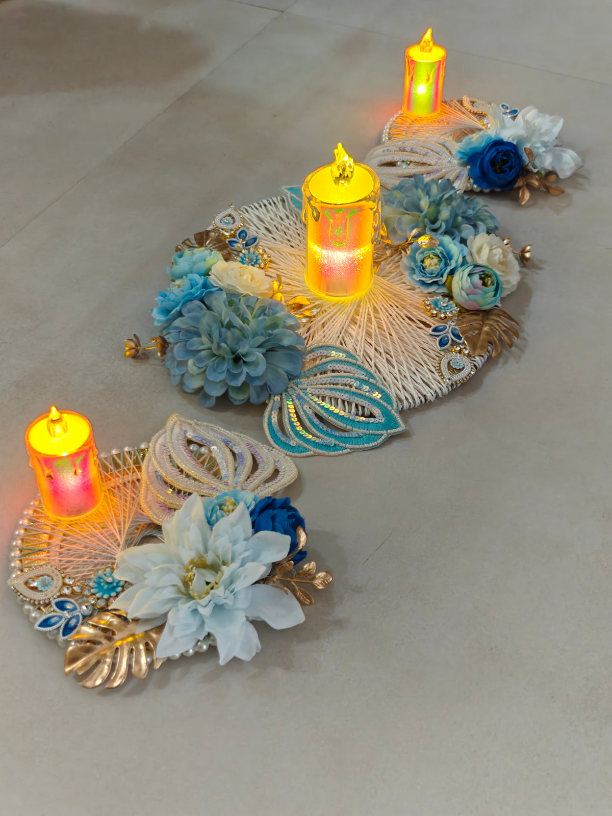 Blue Table Runner Set of 3 with Tealight Holders for Diwali Table Decor