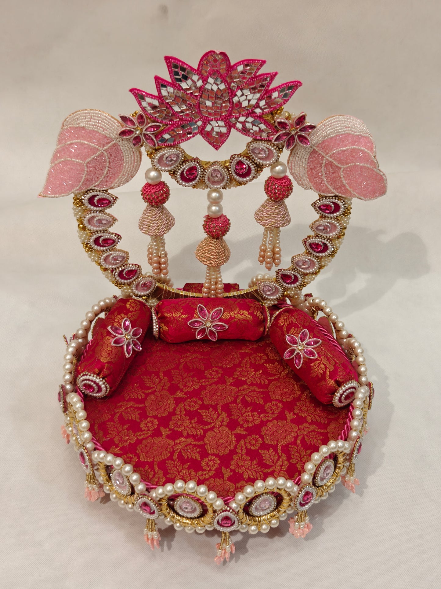 Lotus Singhaasan for Ladoo Gopal | Handcrafted MDF Deity Throne with Detachable Backdrop | Pink & Gold | 12 Inch Base