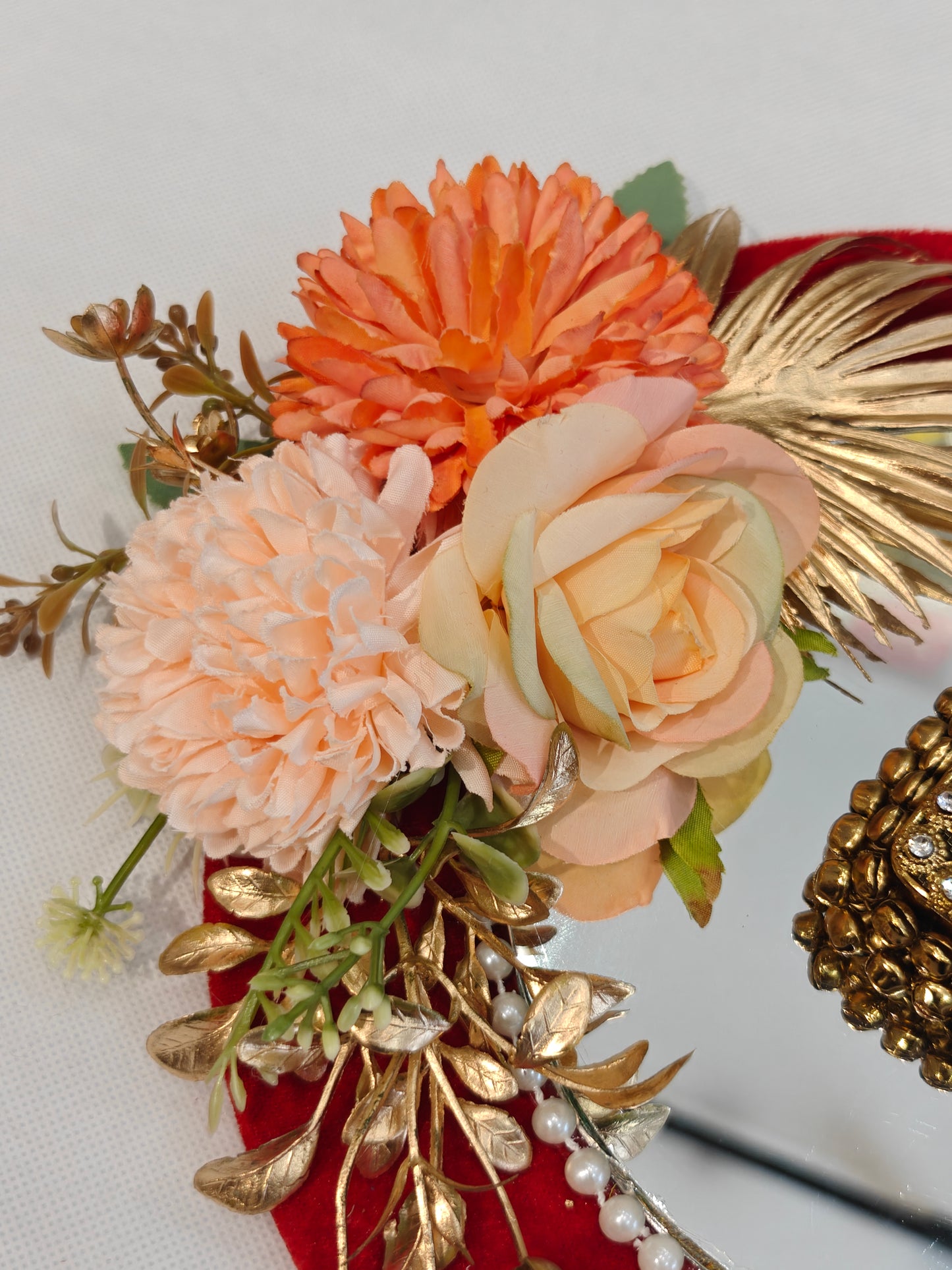 Decorative Coin Platter with Mirror & Antique Gold Coin Box | 9" Red Velvet MDF Base | Pearl Border | Wedding Ceremony Essentials