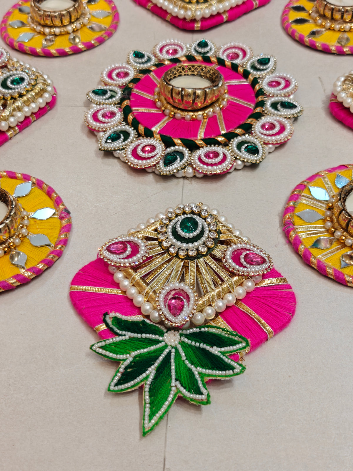 Pink & Yellow Leaf Motif Rangoli Set with Tealight Holders