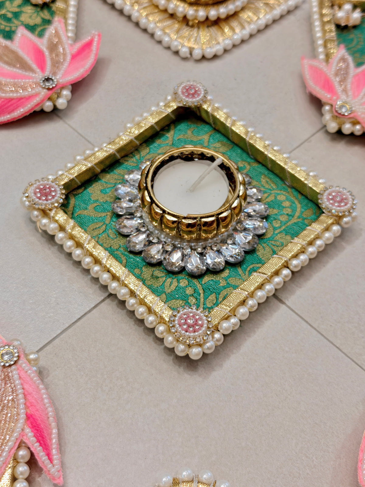 Green Brocade & Pink Lotus Rangoli Set with Diamond Tealight Holders