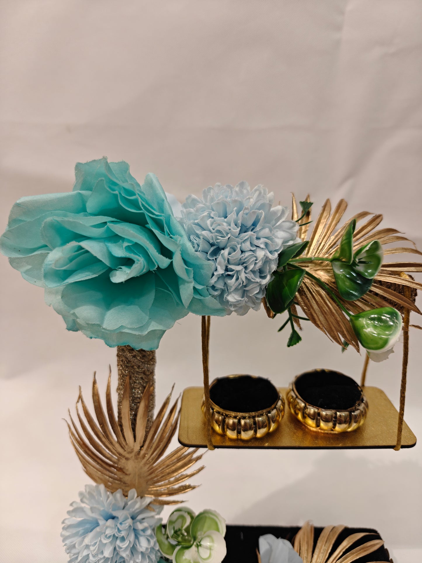 2-Tier Floral Ring Ceremony Stand — Teal & Baby Blue | Wooden Ring Platter with Holders | The Wedding Station