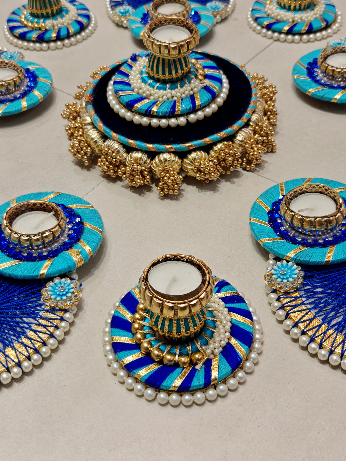 Turquoise & Royal Blue Thread Rangoli Set with Tealight Holders