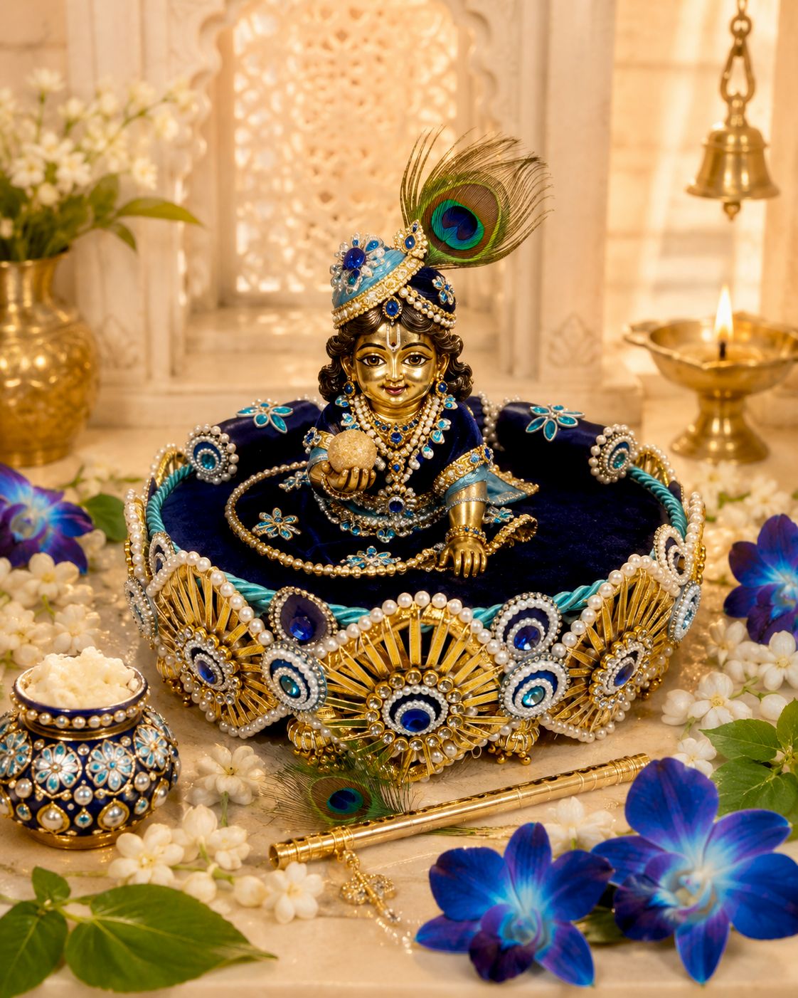 Ladoo Gopal idol seated on handcrafted navy blue and gold Singhaasan — 12 inch MDF deity throne base with gold sunburst medallions, sapphire blue gems, navy velvet seating and teal bolster cushions by The Wedding Station