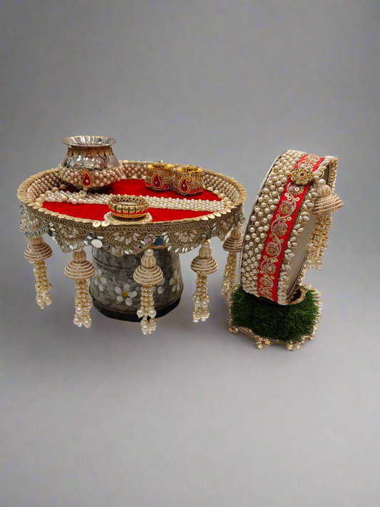 Red & Pearl Karva Chauth Pooja Thali Set