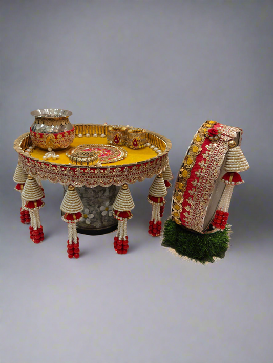 Yellow & Red Karva Chauth Pooja Thali Set – Pearl & Beaded Latkan Design