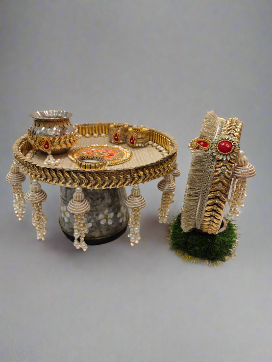 Golden Beaded Karva Chauth Pooja Thali Set