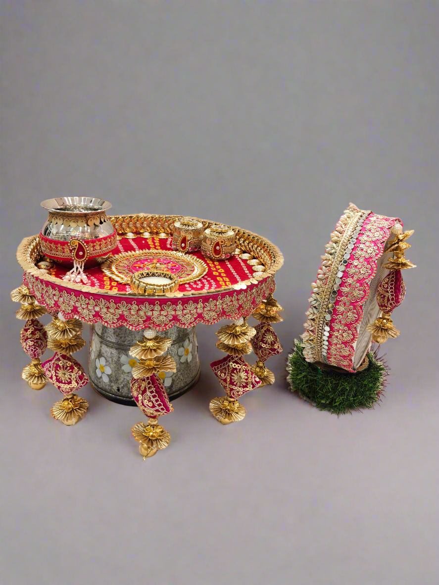 Rani & Golden Karwa Chauth Thali Set – Elegant & Festive