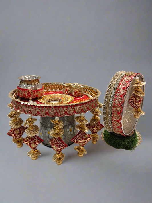Red & Golden Karwa Chauth Thaali Set – Elegant & Festive