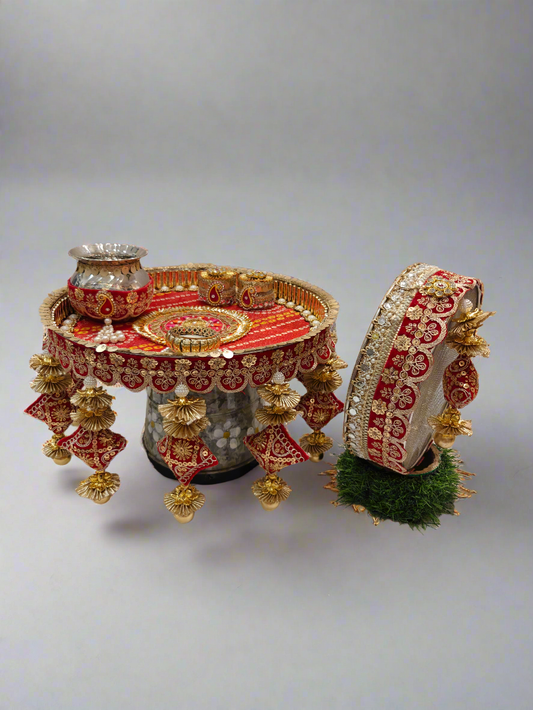 Red & Golden Karva Chauth Thali Set – Elegant & Festive