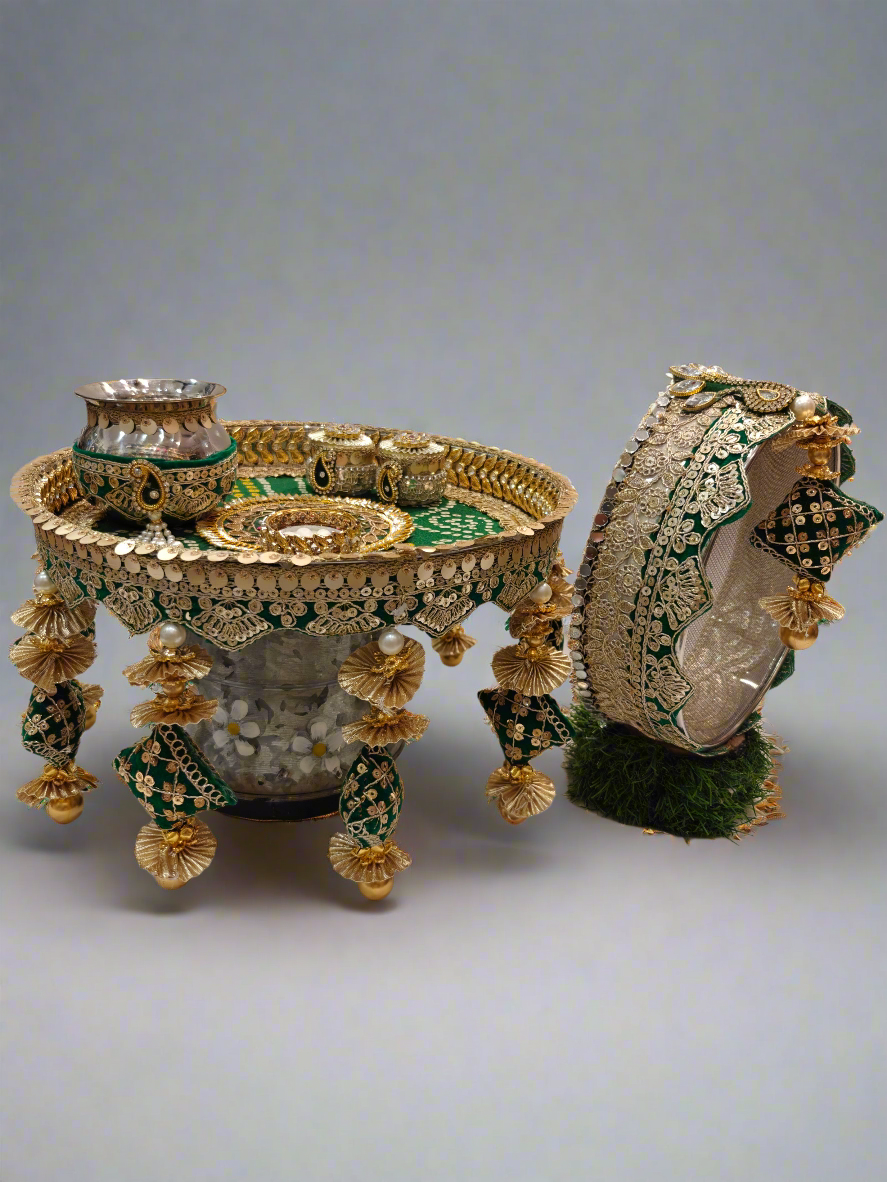 Green & Golden Karva Chauth Thali Set – Prosperity & Elegance