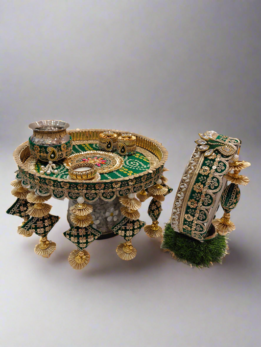Green & Golden Karva Chauth Thali Set – Prosperity & Elegance