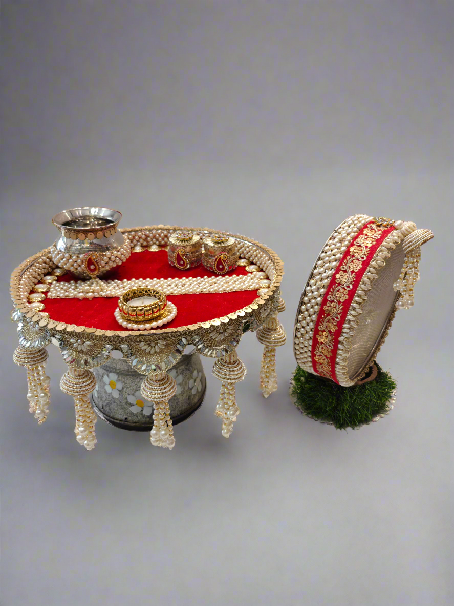 Red & Pearl Karwa Chauth Pooja Thaali Set