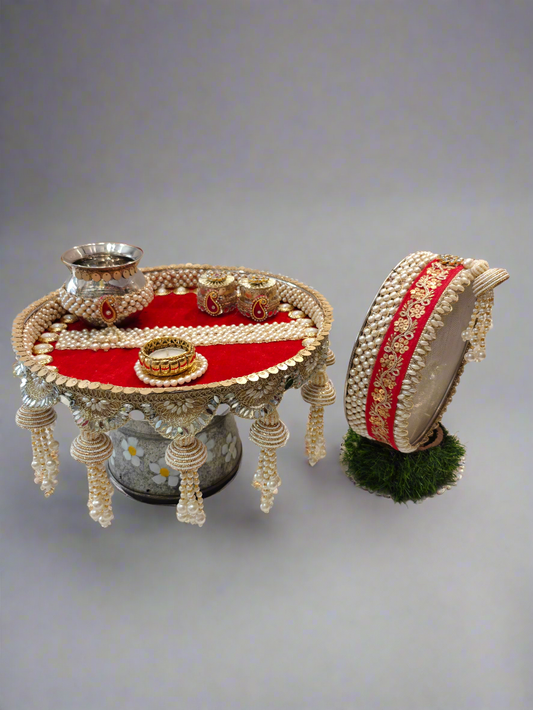 Red & Pearl Karwa Chauth Pooja Thaali Set