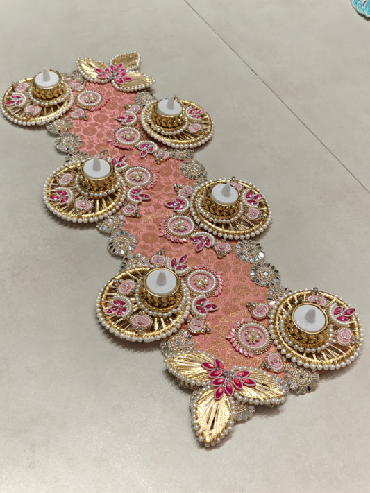 Peach Table Runner with Mirror and Pearls for Diwali Table Decor