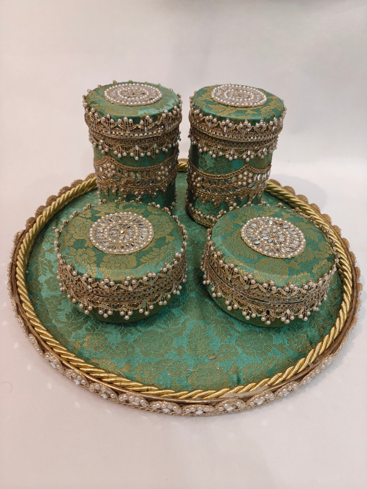 Royal Wedding Mewa & Mithai Platter Set with Decorated Steel Boxes- Mint Green