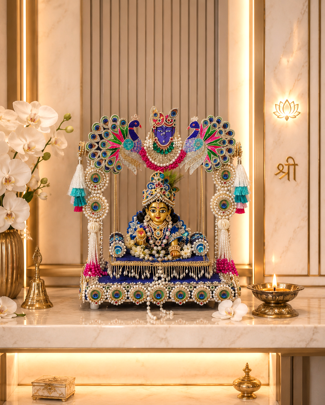 Peacock pearl Thakur Ji jhula with Shrinathji face on marble pedestal in temple setting