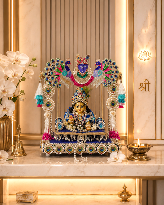 Peacock pearl Thakur Ji jhula with Shrinathji face on marble pedestal in temple setting