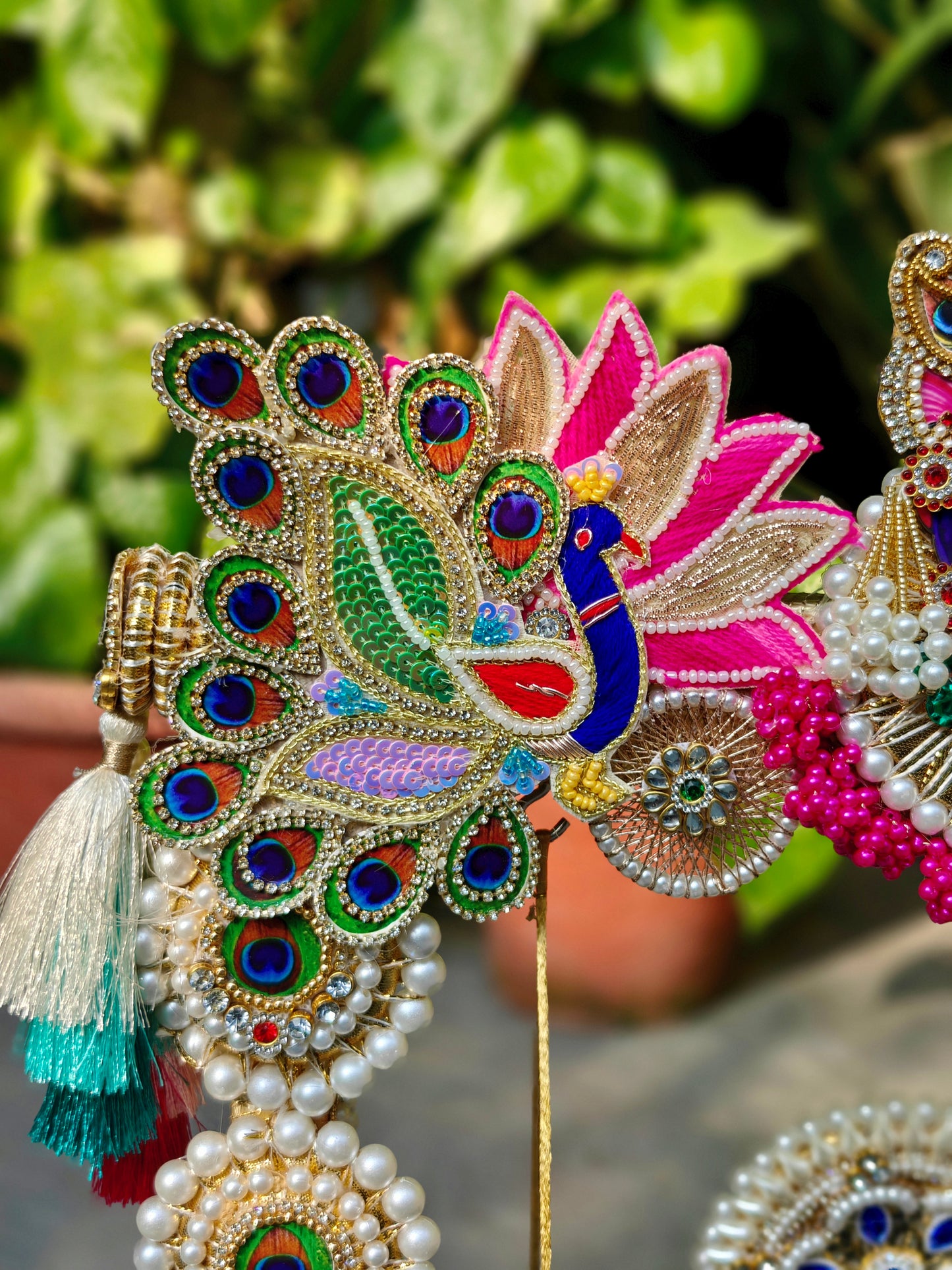 Peacock Pearl Thakur Ji Jhula | Handcrafted MDF Krishna Swing for Home Mandir (18 Inch, Seats up to 6 Thakur Ji)