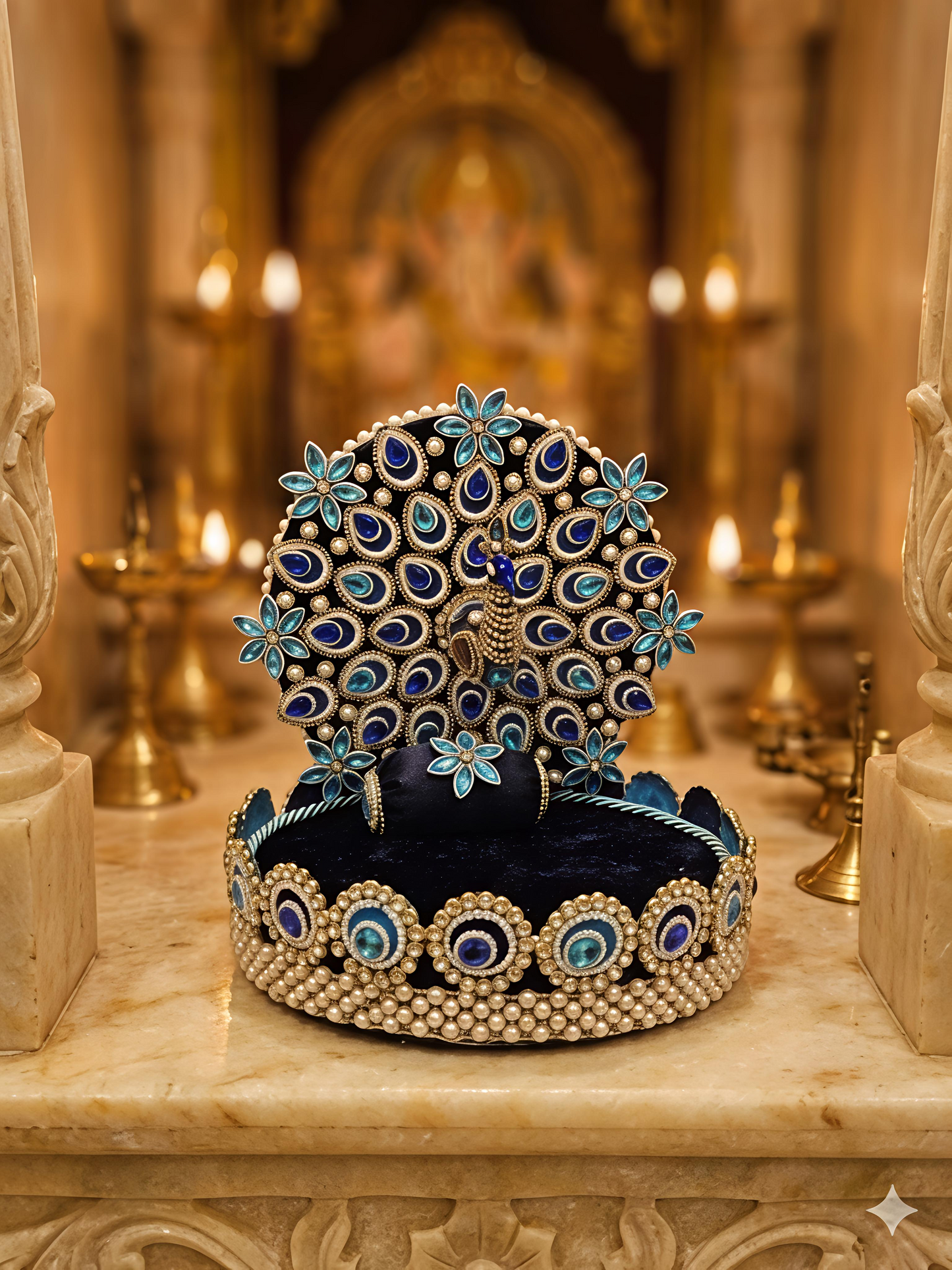 Peacock Singhaasan for Ladoo Gopal | Handcrafted MDF Deity Throne with Detachable Backdrop | Royal Blue & Teal | 9 Inch Base