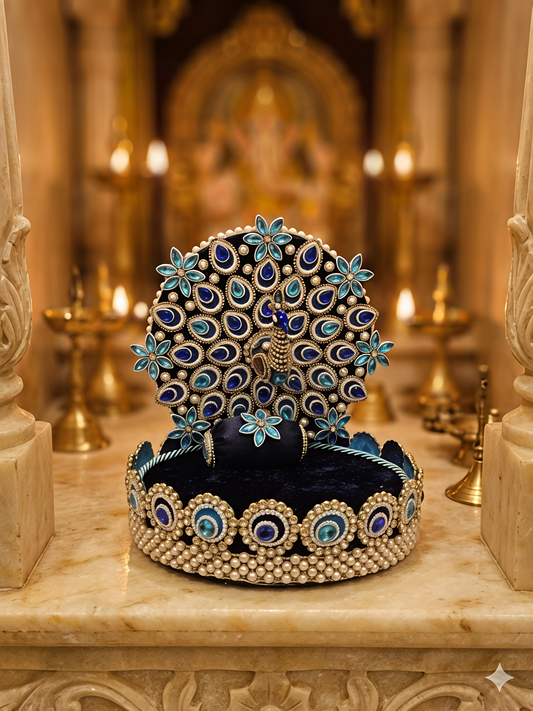 Peacock Singhaasan for Ladoo Gopal | Handcrafted MDF Deity Throne with Detachable Backdrop | Royal Blue & Teal | 9 Inch Base