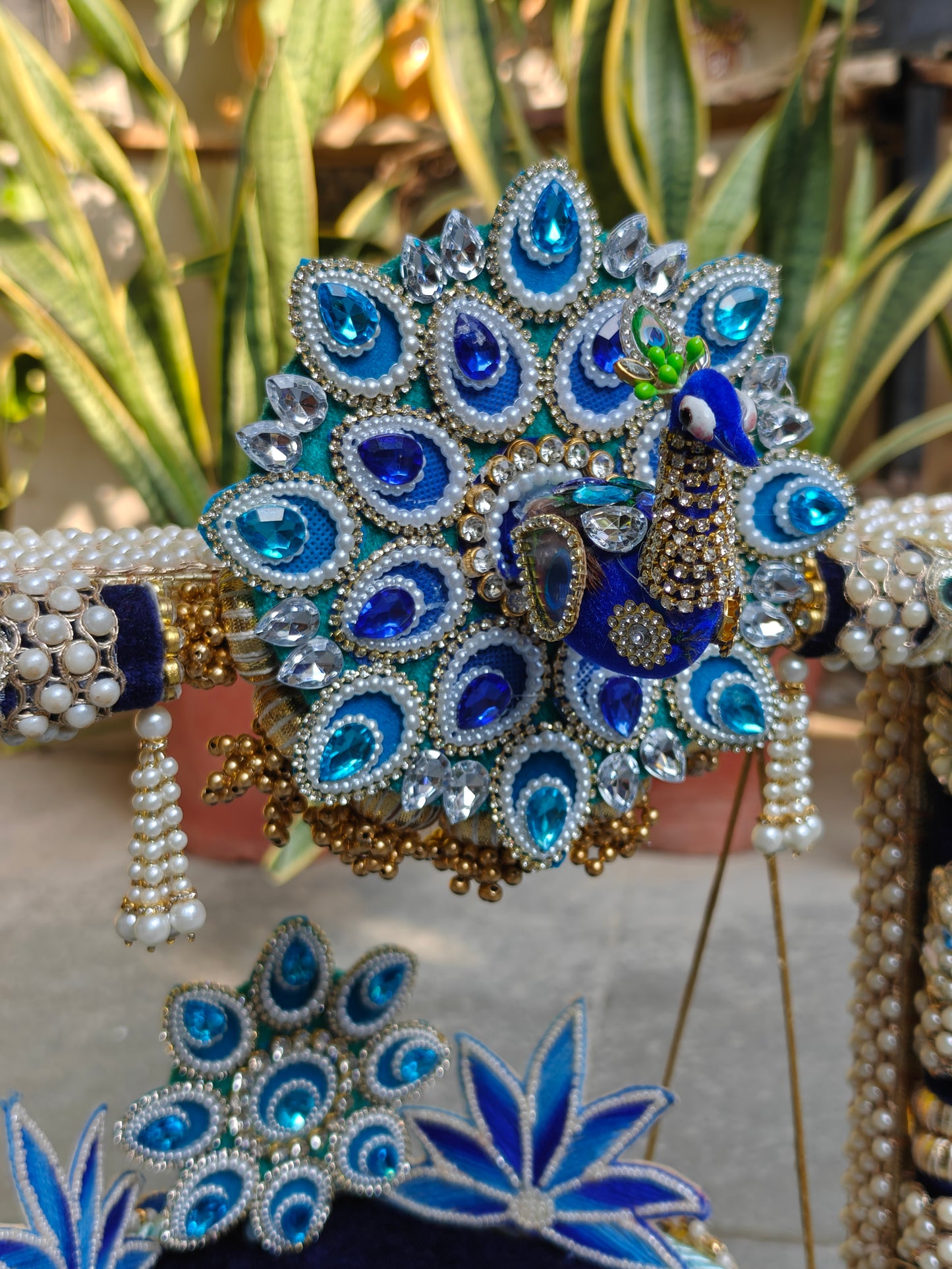 Royal Peacock Jhula & Singhasan for Ladoo Gopal | The Royal Collection | 2-in-1 Handcrafted Navy Blue & Teal Velvet Swing with Detachable Peacock Singhasan, Real Feather Motifs & Pearl Embellishments | 17 Inch Kanha Jhula