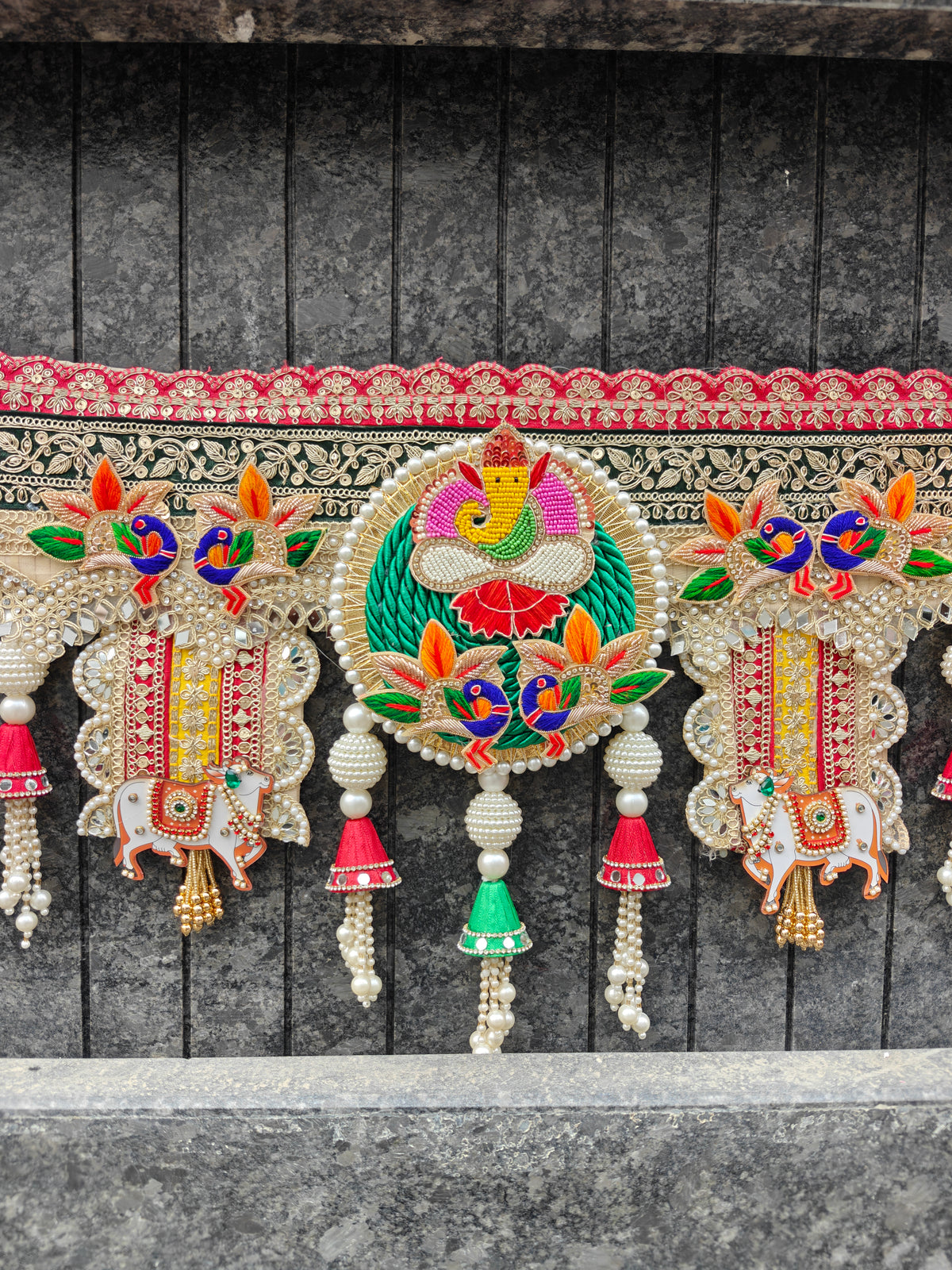 Peacock & Mirror Work Embroidered Toran with Zari Lace, Pearls & Latkans | Traditional Bandhanwar