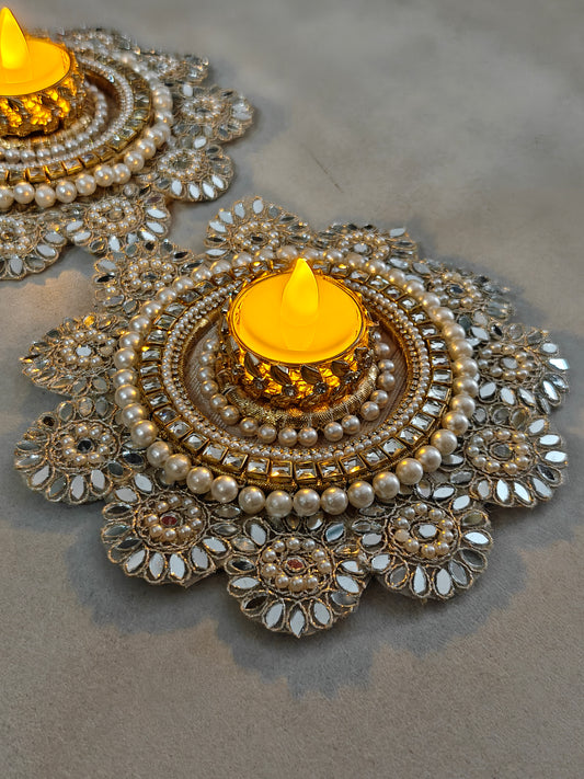 Mirror-Kundan set of 2 Tealight Holders